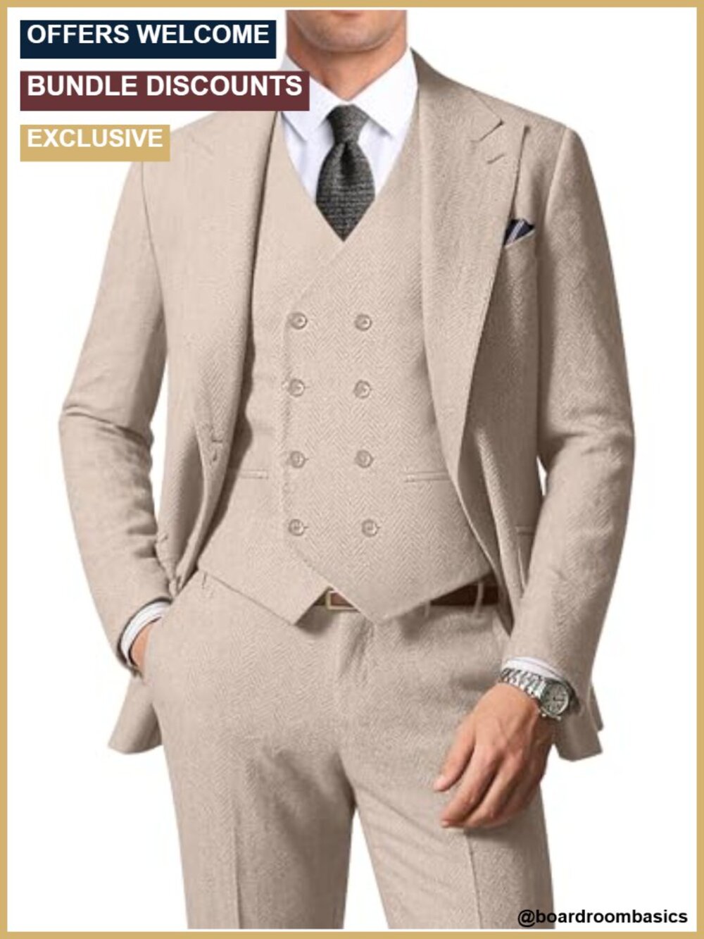 3 Piece Herringbone Tweed Double Breasted Suit Set Jacket Vest Pants